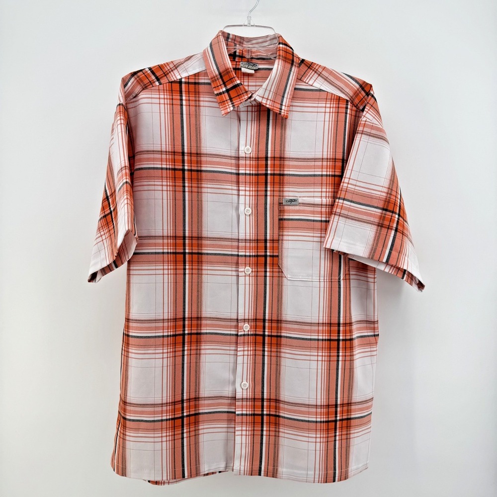 CalTop Plaid Button Down Shirt Mens XL Orange White Short Sleeve Made in USA